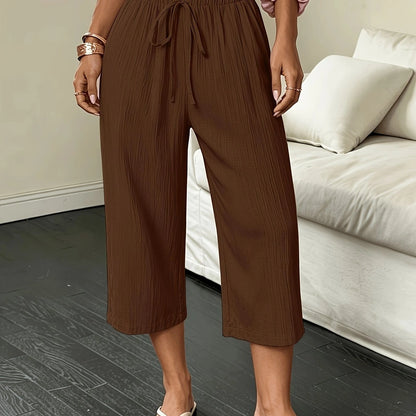 Beach Vacation Style Summer Women's Straight-Leg Trousers, Solid Color Drawstring Casual Summer Capri Pants for Women