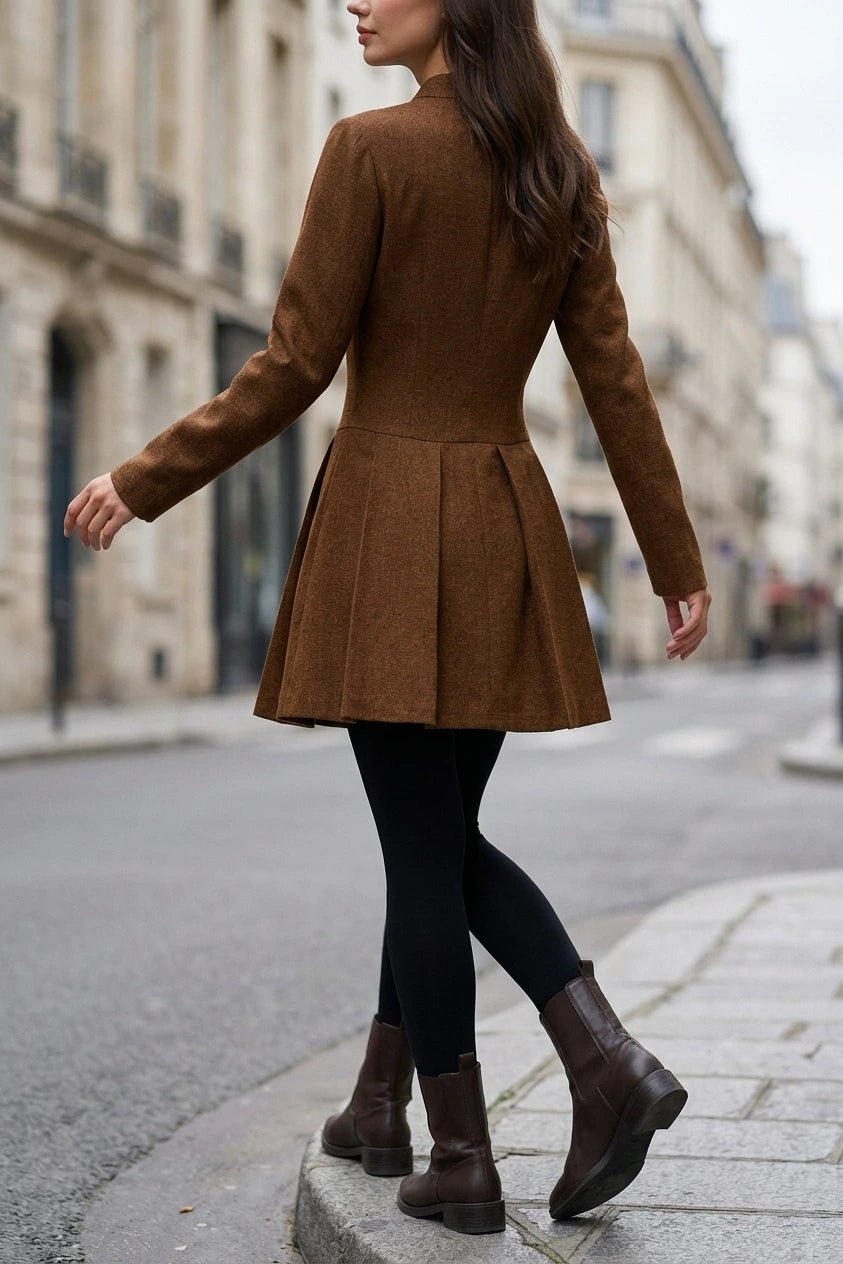 Brown Ruched Button A-Line Mini Dress — variant_front