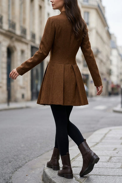 Brown Ruched Button A-Line Mini Dress — variant_front