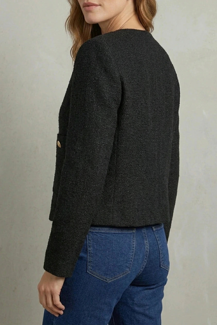 Minimalist Design Blazer Collarless Button-Front Patch Pocket Jacket