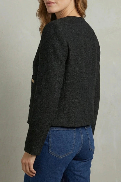 Minimalist Design Blazer Collarless Button-Front Patch Pocket Jacket