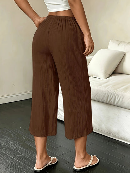Beach Vacation Style Summer Women's Straight-Leg Trousers, Solid Color Drawstring Casual Summer Capri Pants for Women