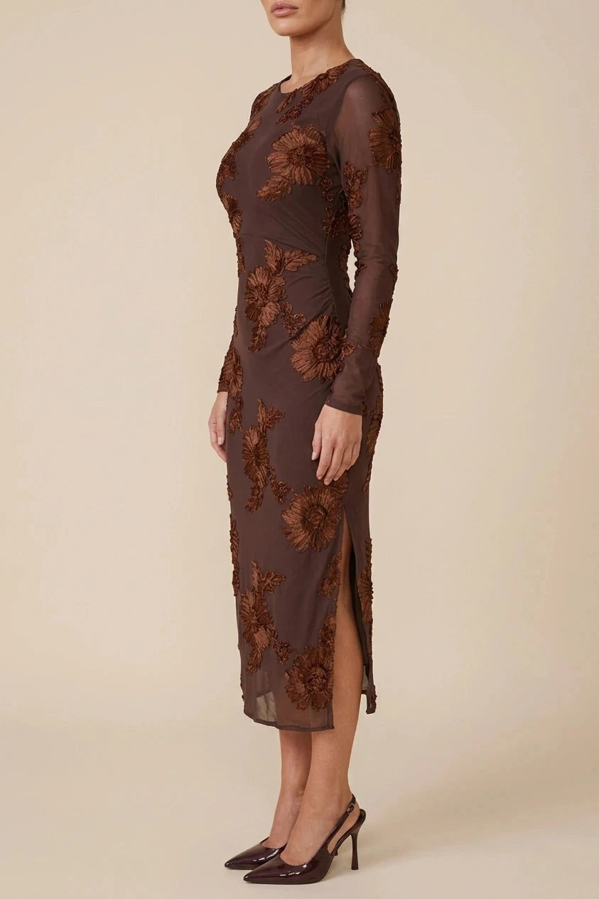 Floral Embroidered Mesh Bodycon Midi Dress
