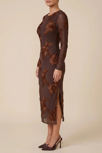 Floral Embroidered Mesh Bodycon Midi Dress