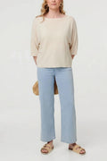 3/4 Sleeve Boxy Boat Neck Knit Top Lightweight Pullover