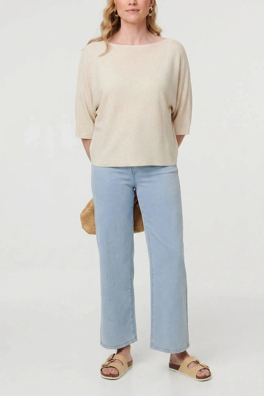 3/4 Sleeve Boxy Boat Neck Knit Top Lightweight Pullover
