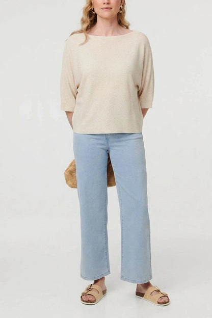 3/4 Sleeve Boxy Boat Neck Knit Top Lightweight Pullover
