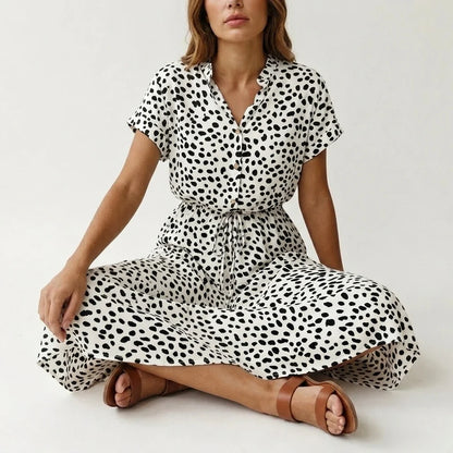 Women's Midi Dress with Button Front and Drawstring Waist — variant_front