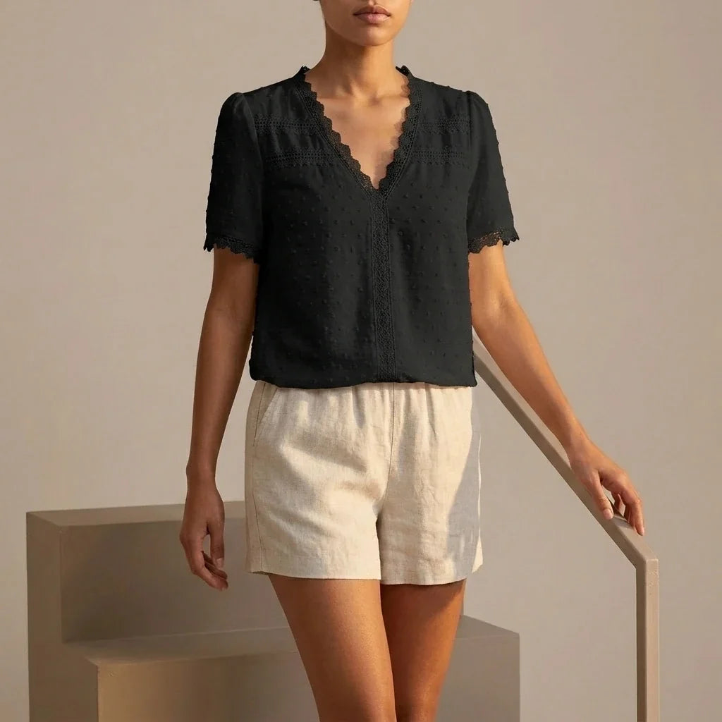 Bohemian Lace Trim Blouse with Swiss Dot Texture and V-Neckline — variant_front