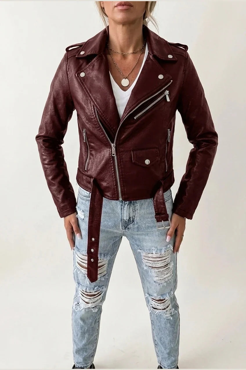 Black Faux Leather Biker Jacket with Asymmetric Zip and Belt — variant_front