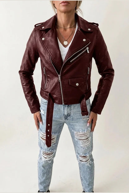 Black Faux Leather Biker Jacket with Asymmetric Zip and Belt — variant_front