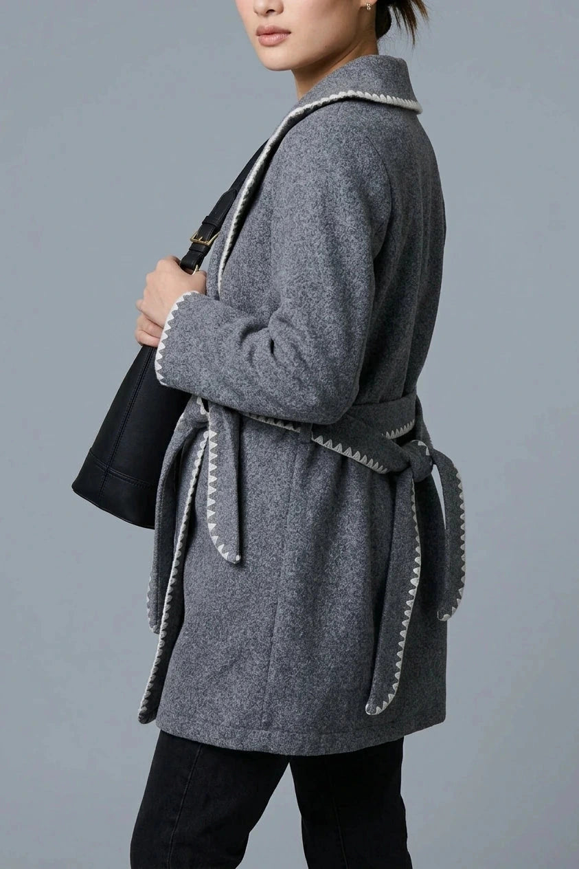 Blanket Stitch Coat With Belt, Notch Collar Tie-Waist Coat