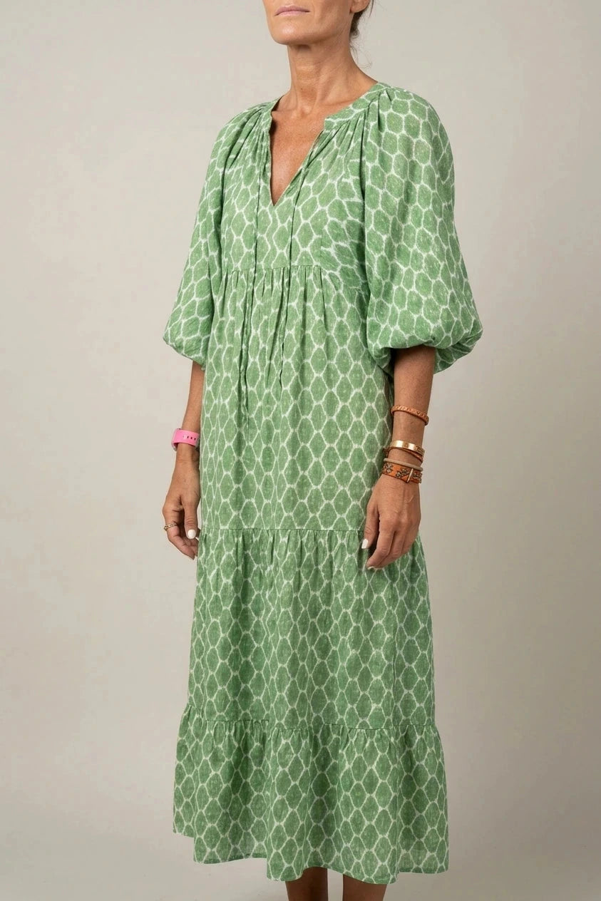 V Neck Tiered Maxi Smock Dress With Balloon Sleeves
