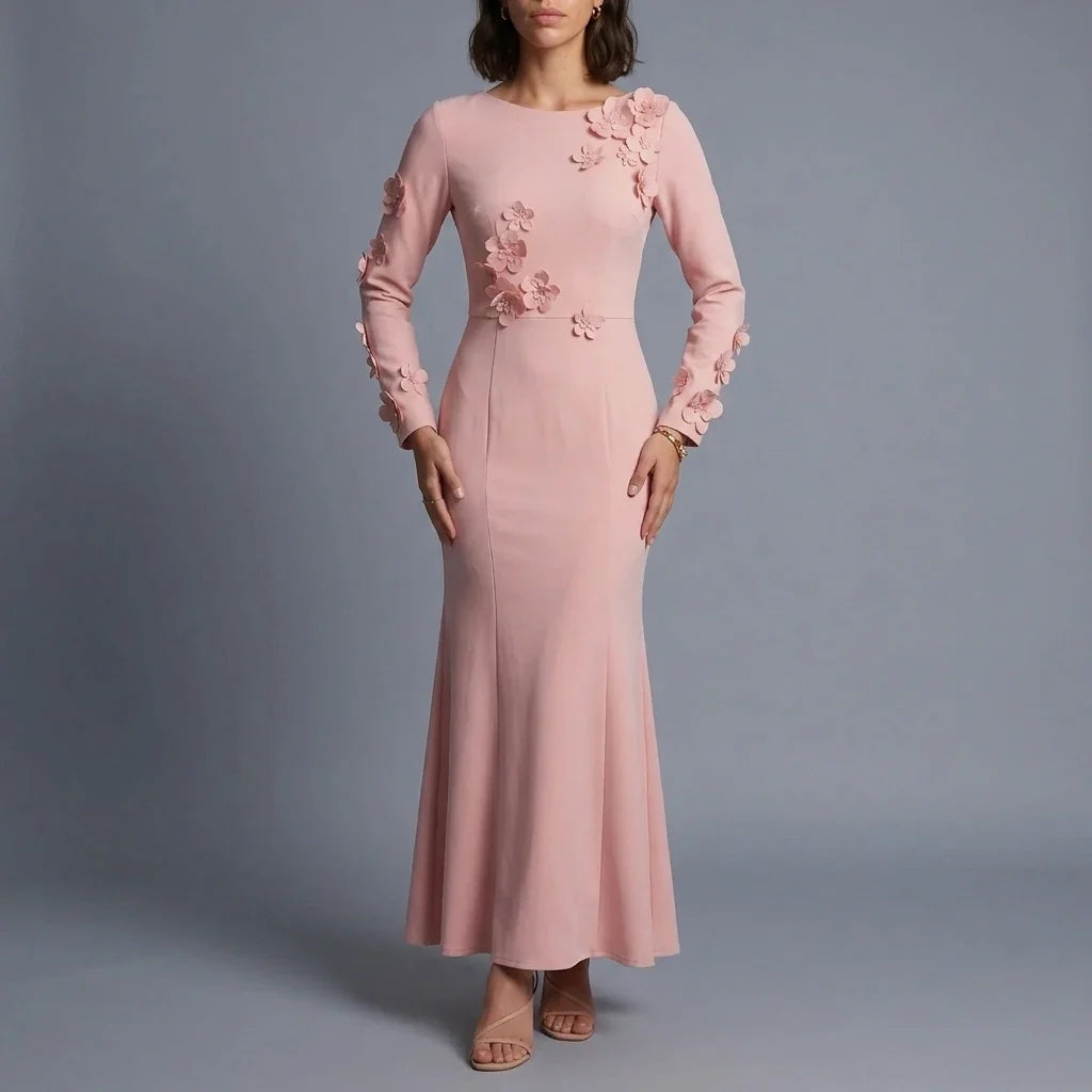 3D Floral Appliqué Long Sleeve Maxi Dress – Pink Wedding Guest Dress for Women — variant_front