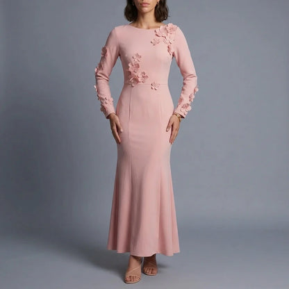 3D Floral Appliqué Long Sleeve Maxi Dress – Pink Wedding Guest Dress for Women — variant_front
