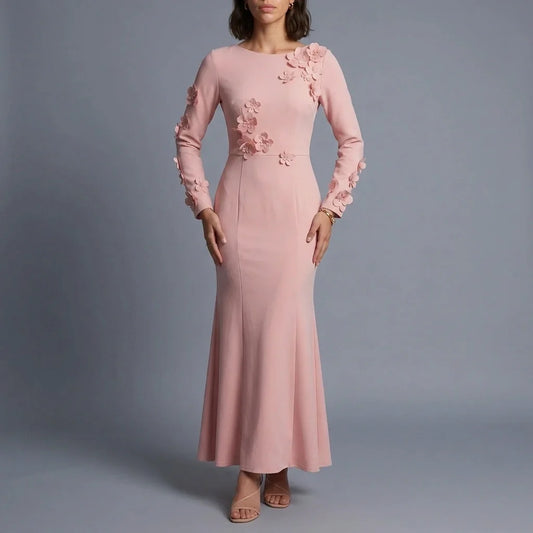 3D Floral Appliqué Long Sleeve Maxi Dress – Pink Wedding Guest Dress for Women — variant_front