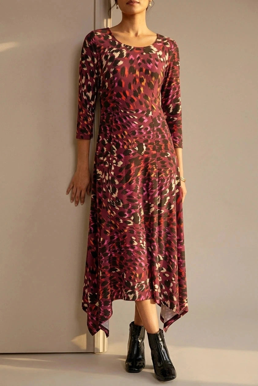 Animal Print Hanky Hem Jersey Dress 3/4 Sleeve Asymmetric Midi