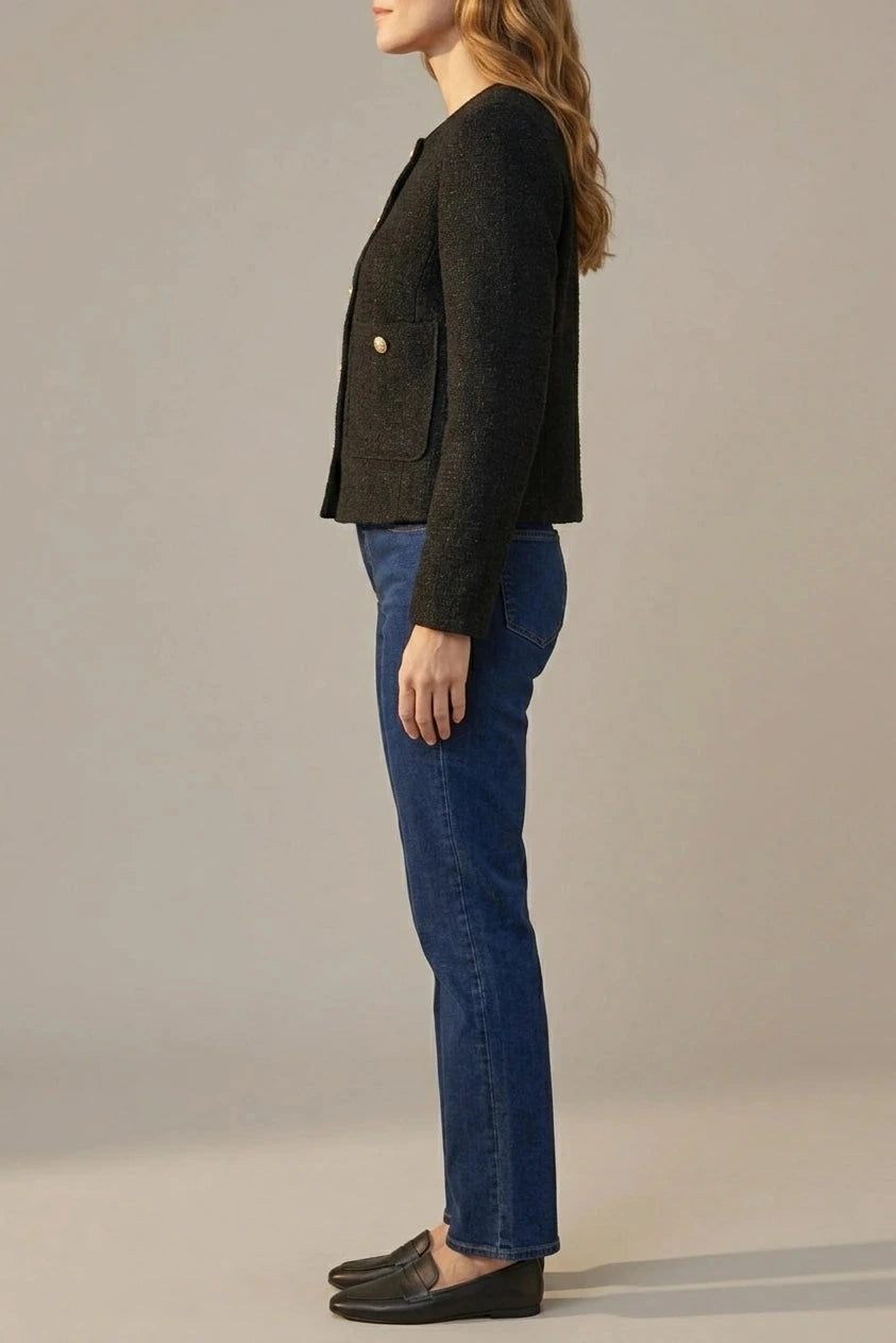 Minimalist Design Blazer Collarless Button-Front Patch Pocket Jacket