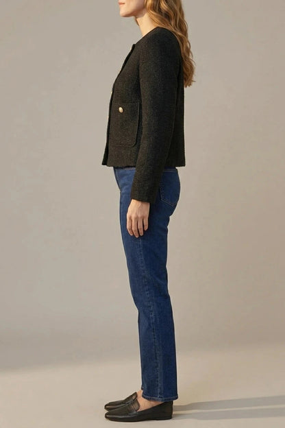 Minimalist Design Blazer Collarless Button-Front Patch Pocket Jacket
