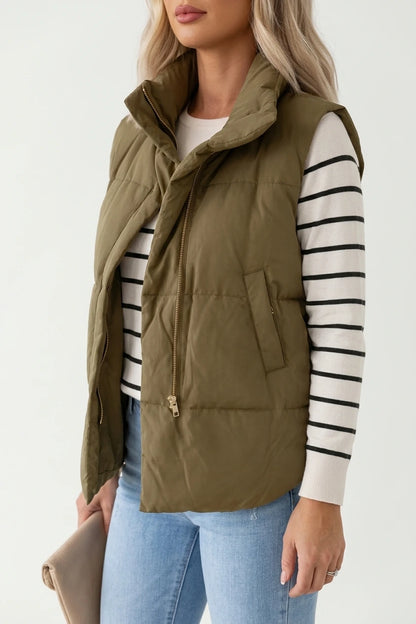 Quilted Puffer Gilet with Stand Collar and Side Pockets — variant_front