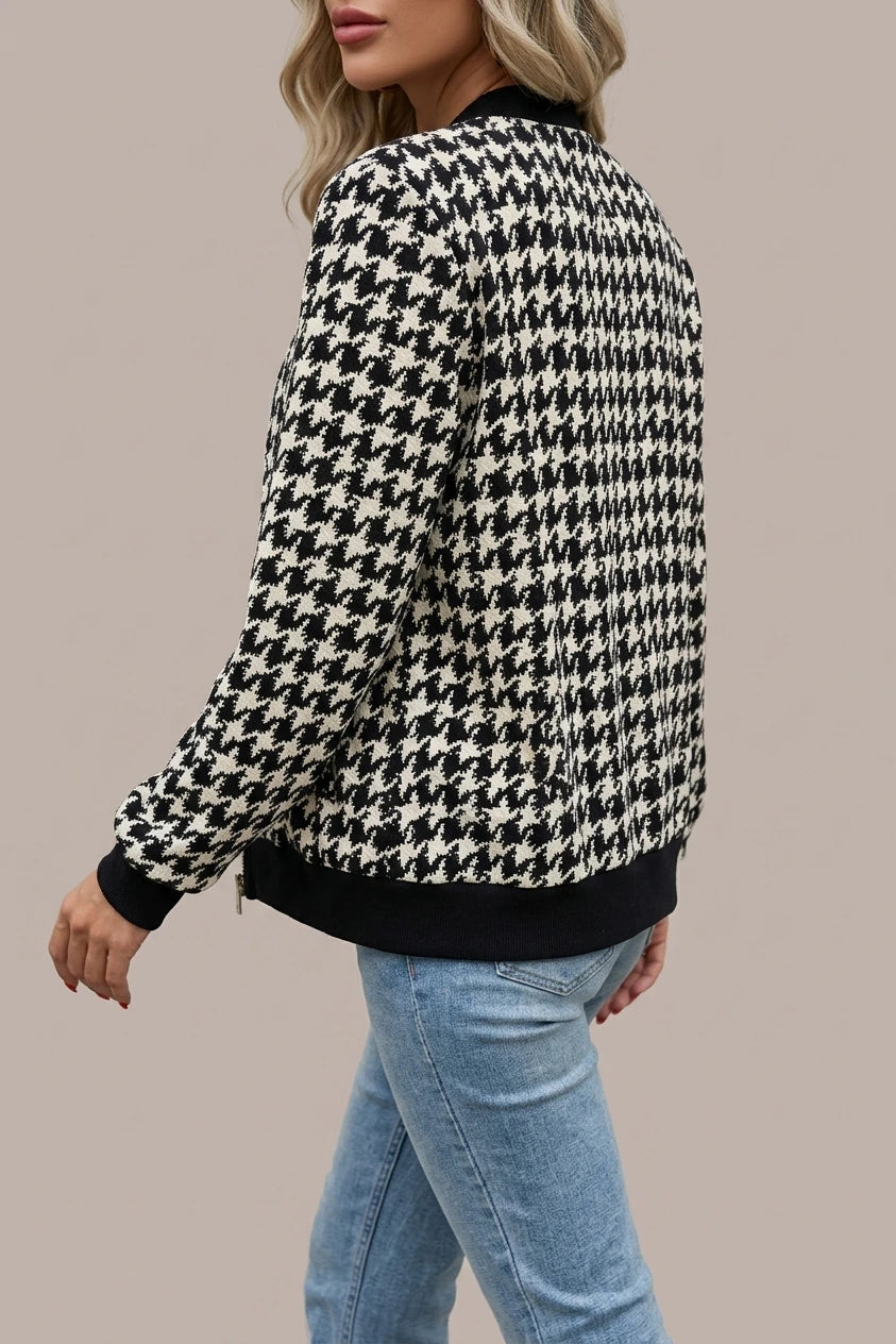 Chic Houndstooth Bomber Jacket with Black Ribbed Trim — variant_front