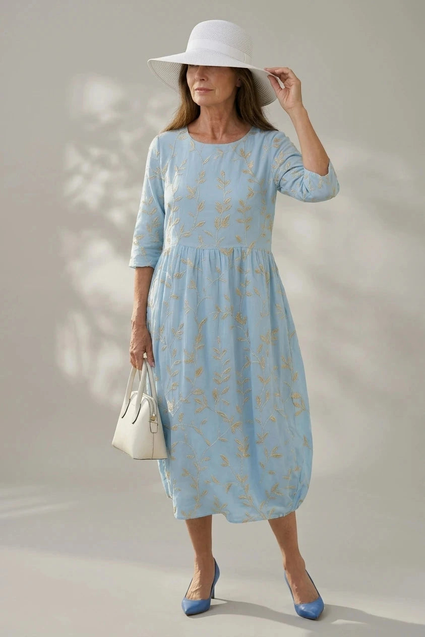 Shoreline Garden Dress, Embroidered Midi Dress With Round Neck And 3/4 Sleeves