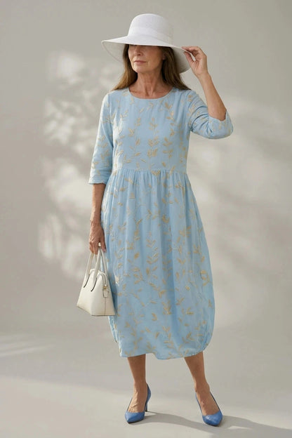 Shoreline Garden Dress, Embroidered Midi Dress With Round Neck And 3/4 Sleeves