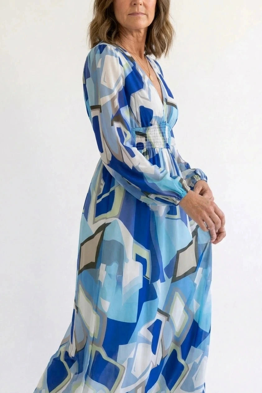 Printed Long Sleeve V-Neck Maxi Dress With Smocked Waist