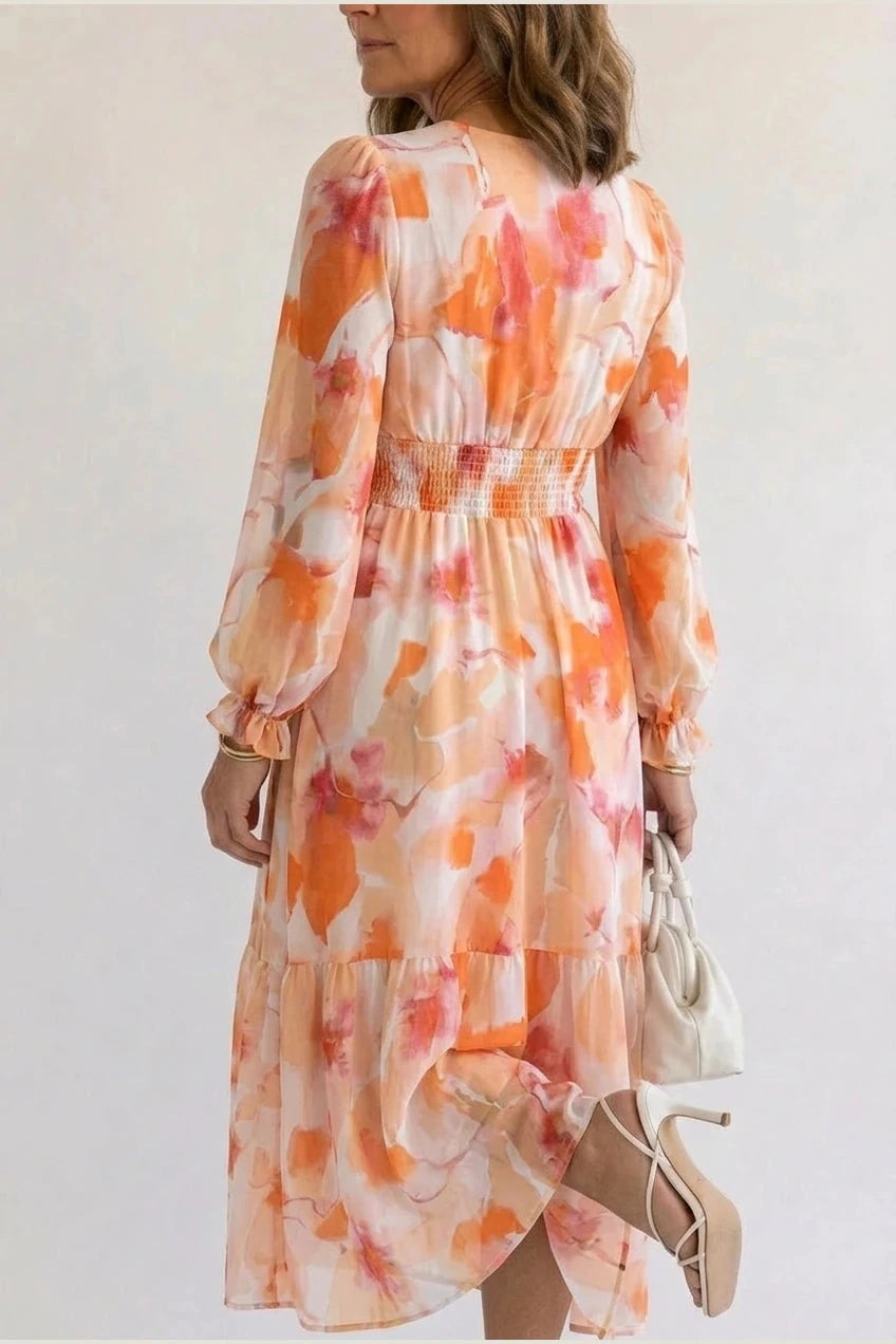 Printed Long Sleeve V-Neck Maxi Dress With Smocked Waist