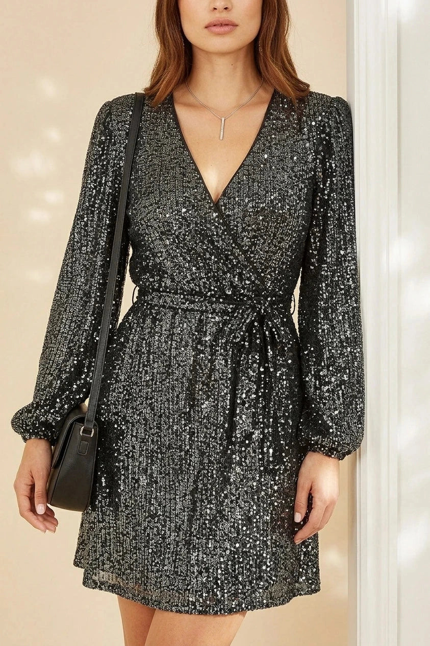 Belted Sequin Wrap V Neck Long Sleeve Dress