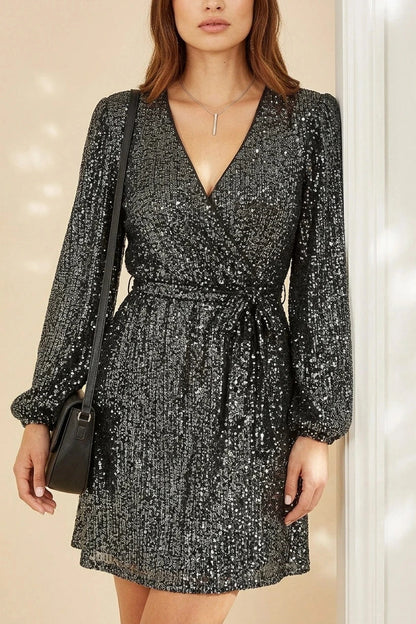Belted Sequin Wrap V Neck Long Sleeve Dress