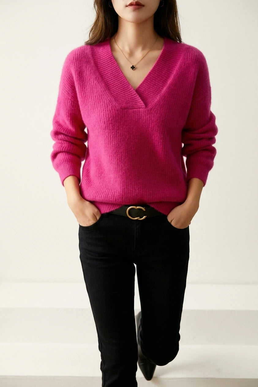 Soft V-Neck Knit Sweater with Ribbed Trim — variant_front