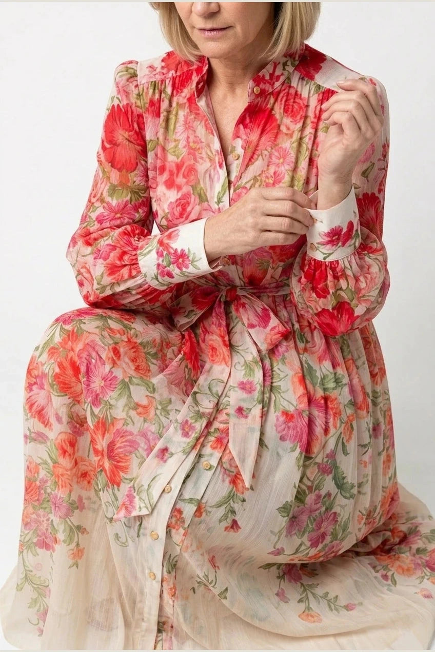 Floral Sheer Long Sleeve Maxi Dress With Tie Waist Button Front