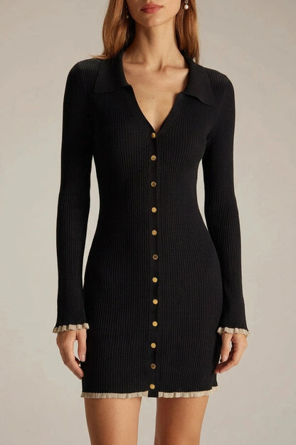 The Black V Neck Contrast Trim Knit Mini Dress — variant_front