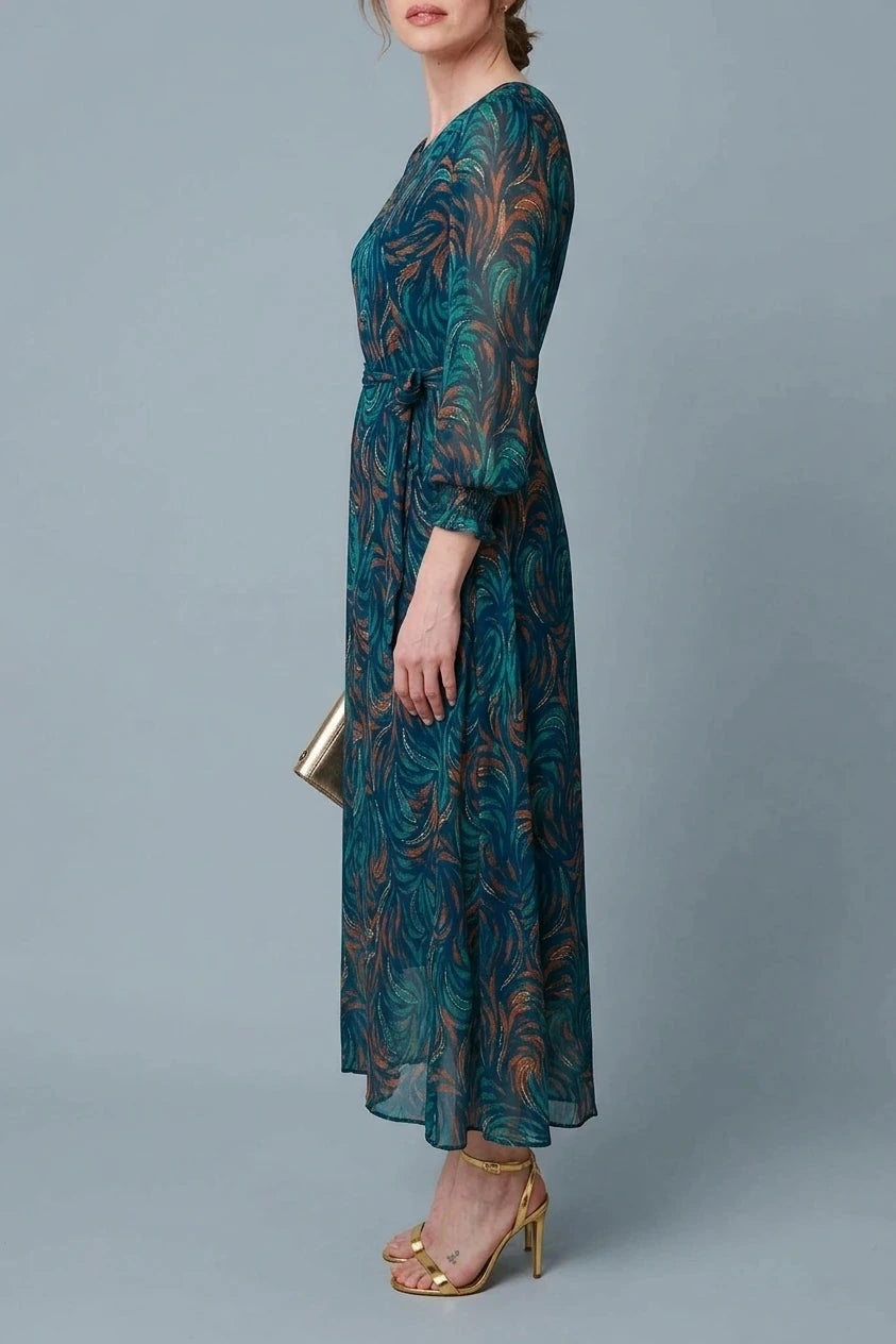 Abstract Long Sheer Sleeve Maxi Dress, Belted Waist, Round Neck