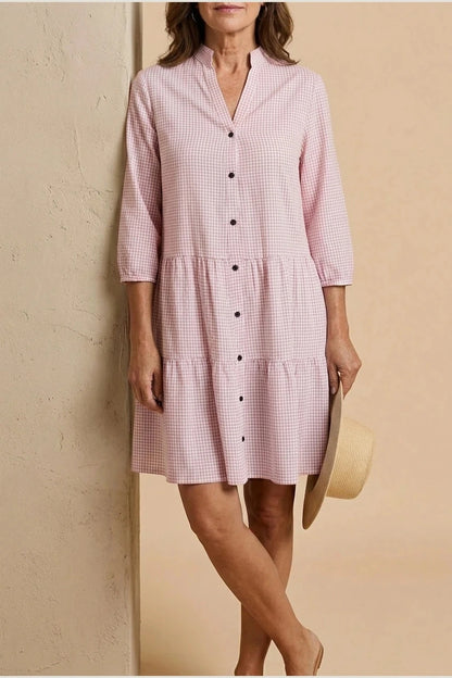 Button Front Gingham Tiered Dress With V Neck And Three-Quarter Sleeves