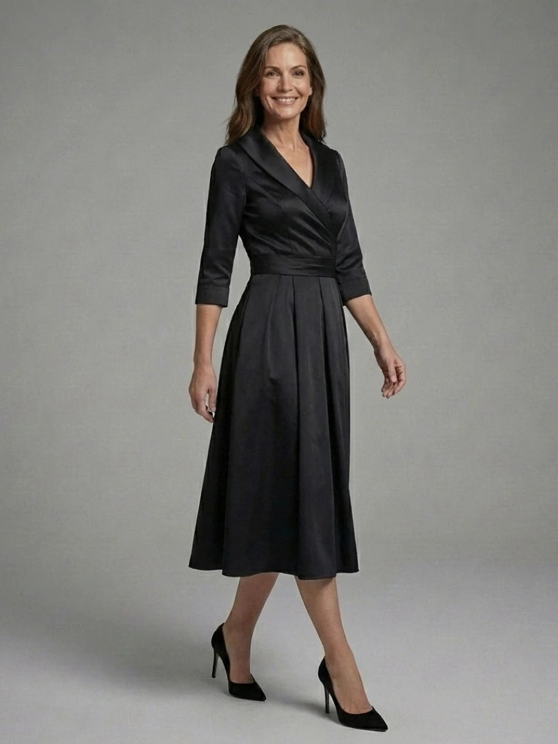 Genevieve | Three-Quarter Sleeve Wrap Bodice Midi Dress