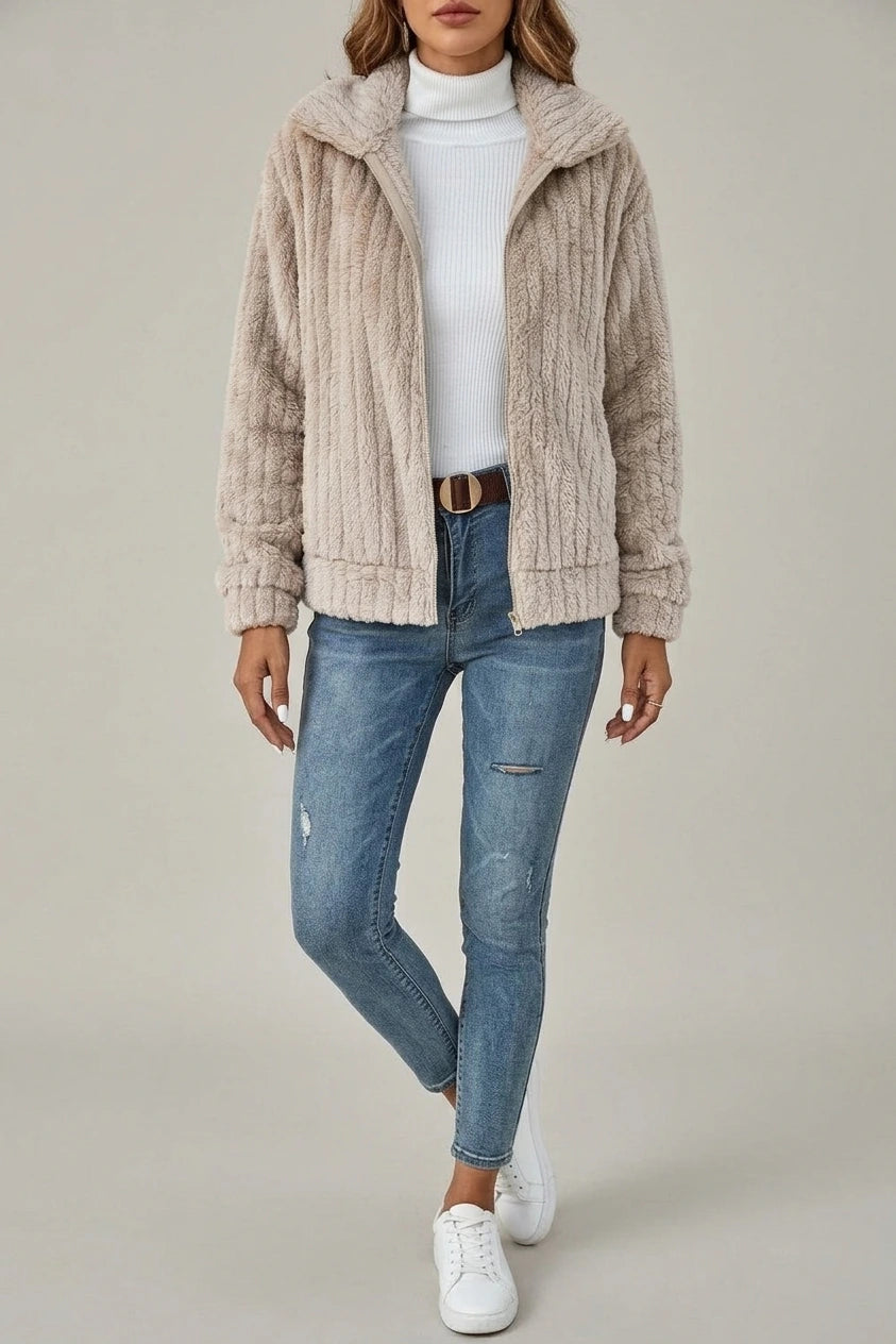 Cosy Teddy Fleece Jacket with Wide Collar and Ribbed Texture — variant_front