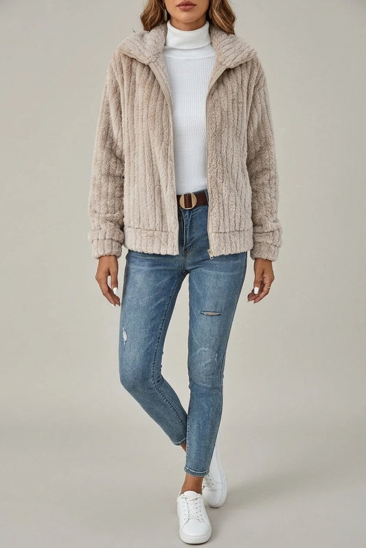 Cosy Teddy Fleece Jacket with Wide Collar and Ribbed Texture — variant_front
