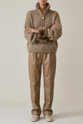 Cozy Half Zip Chunky Knit Sweater with Fur Cuffs, Relaxed Fit