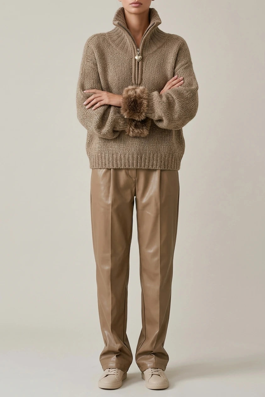 Cozy Half Zip Chunky Knit Sweater with Fur Cuffs — variant_front