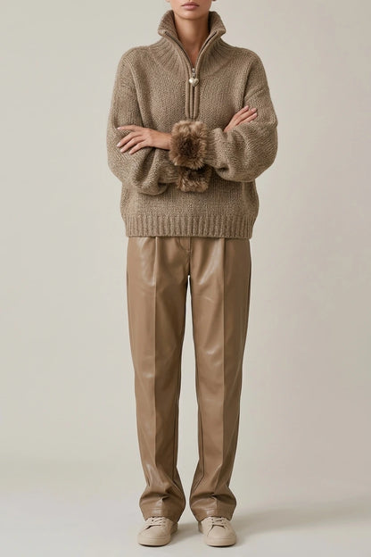 Cozy Half Zip Chunky Knit Sweater with Fur Cuffs — variant_front