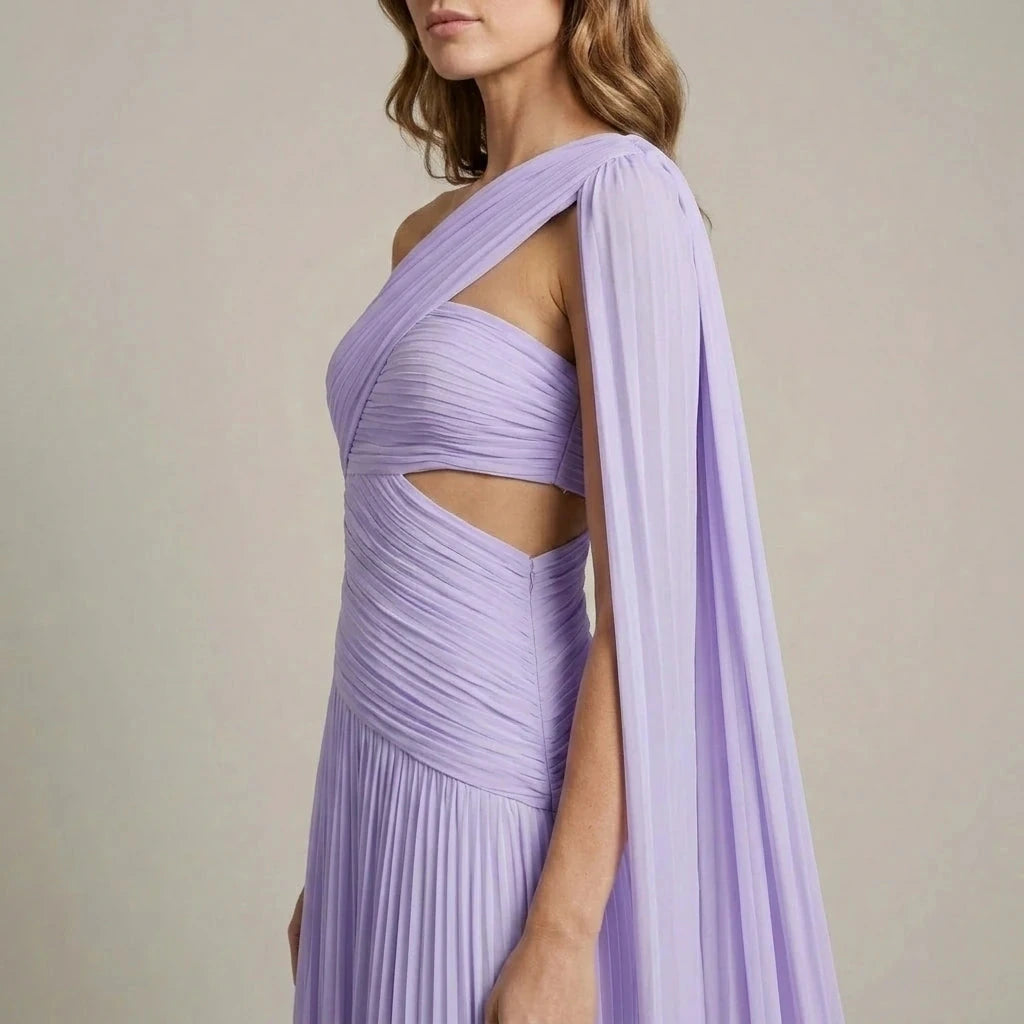 Ethereal Chiffon Drape Maxi Dress One-Shoulder Ruched Waist High Slit