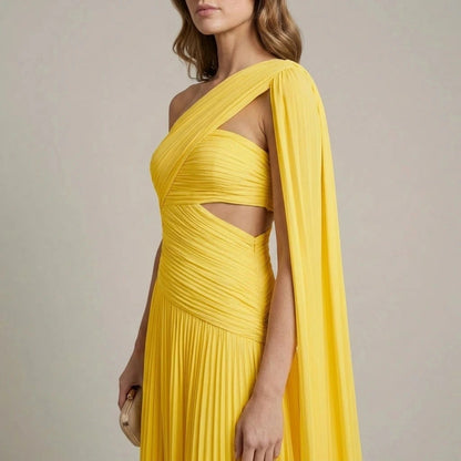Ethereal Chiffon Drape Maxi Dress One-Shoulder Ruched Waist High Slit