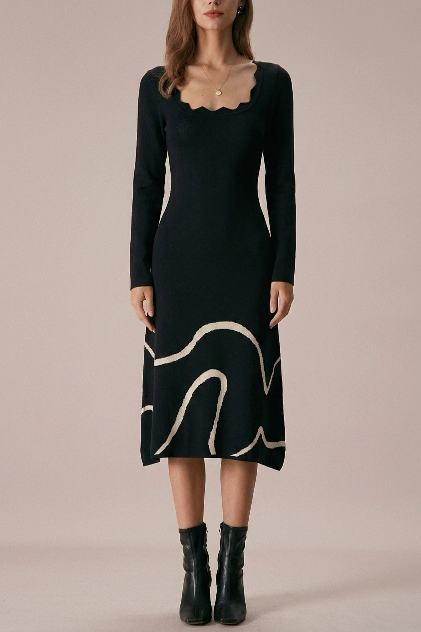 The Black Wave Scalloped Sweater Midi Dress — variant_front