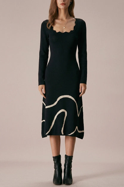 The Black Wave Scalloped Sweater Midi Dress — variant_front