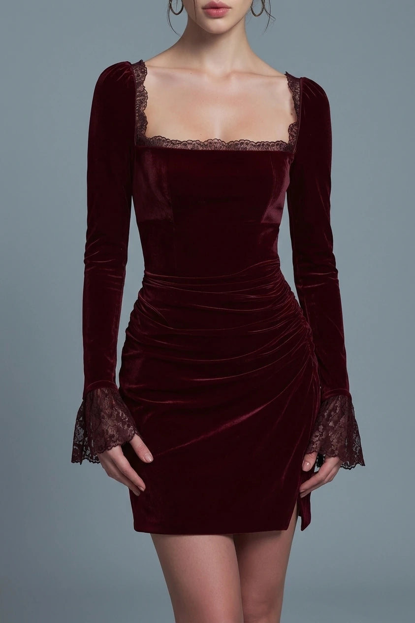 Wine Red Velour Square Neck Mini Dress — variant_front