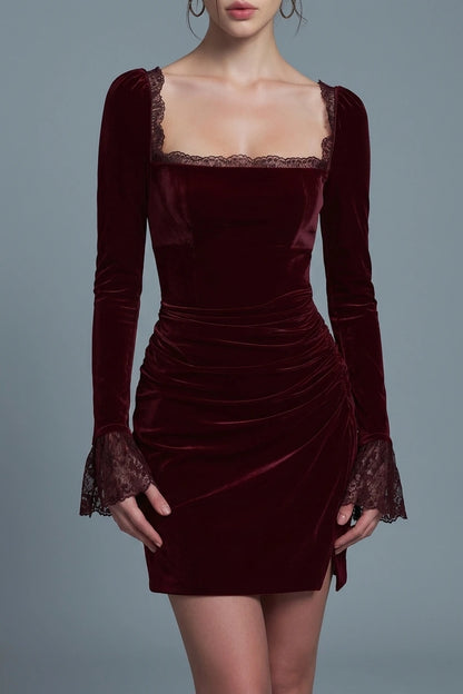 Wine Red Velour Square Neck Mini Dress — variant_front
