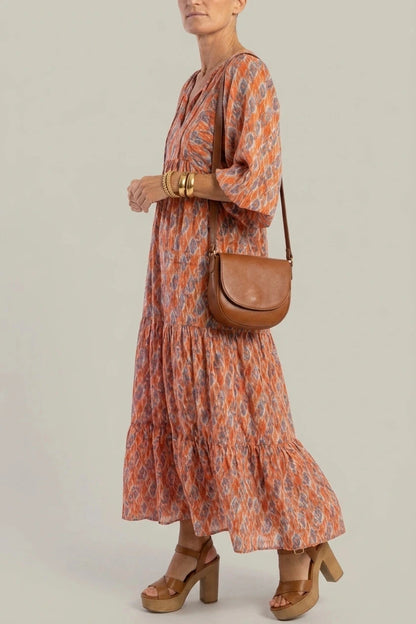 Geometric Print V Neck Tiered Maxi Dresses