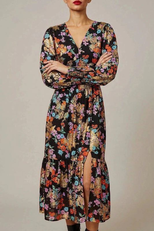 Floral And Foil Ruched Midi Dress With Split Hemline And V Neck